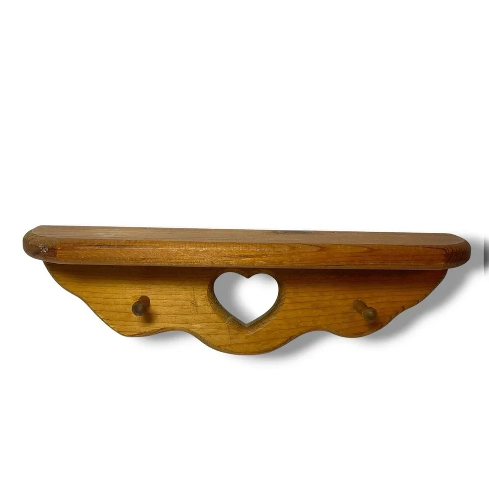 Wood Wall Shelf With Heart Cutout, Pegs Country Farmhouse Cottagecore Decor 14.5